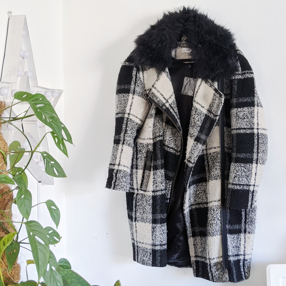 Plaid Wool Blend Coat w/ Removable Faux Fur Collar